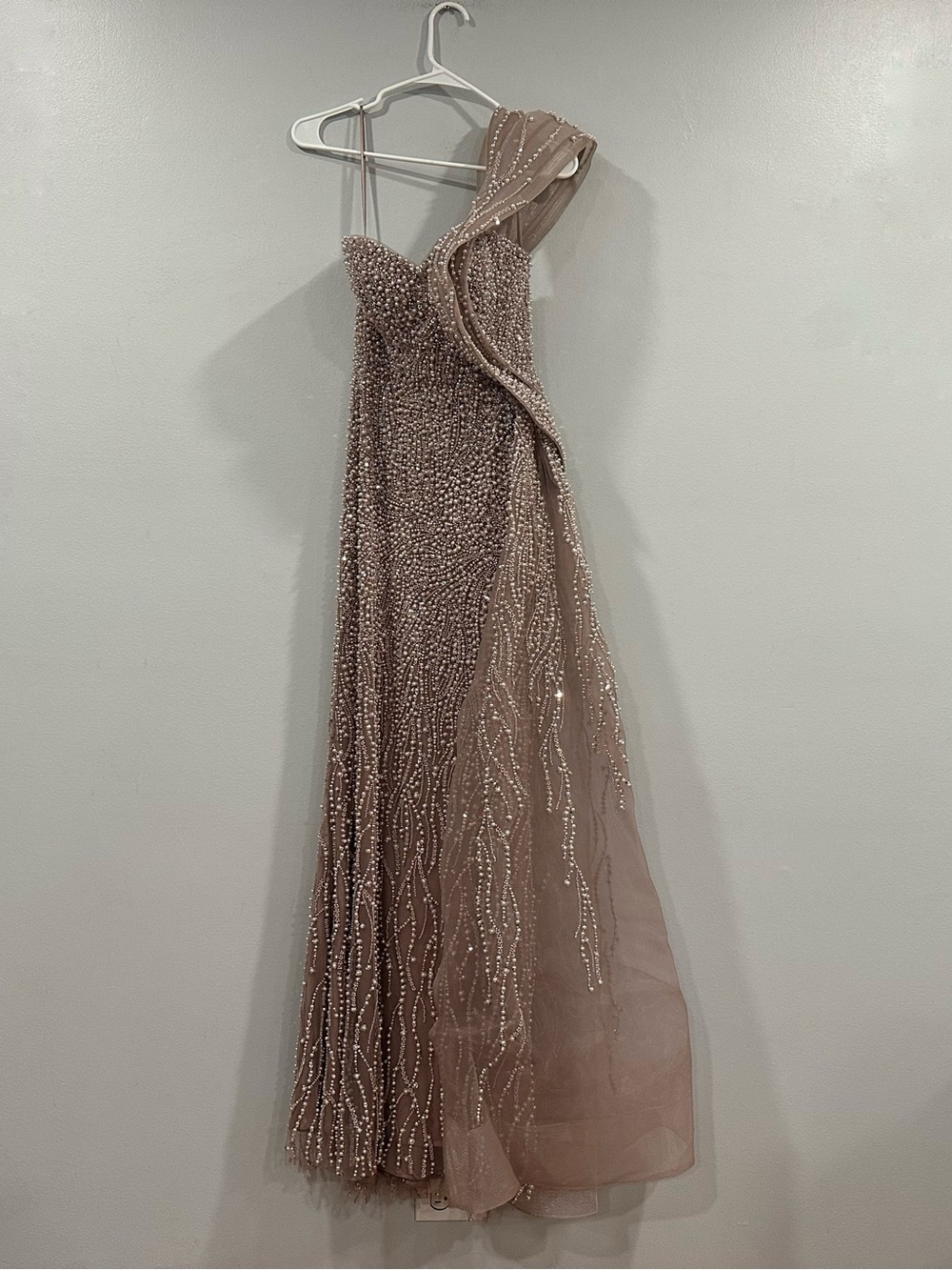 Mac Duggal 21273 Taupe One Shoulder Embellished Gown with Drape Detail sz 2